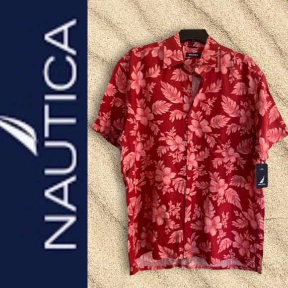Nautica Other - Tropical Linen Hawaiian Shirt Island Hibiscus Luau Print Pattern Nautica Large